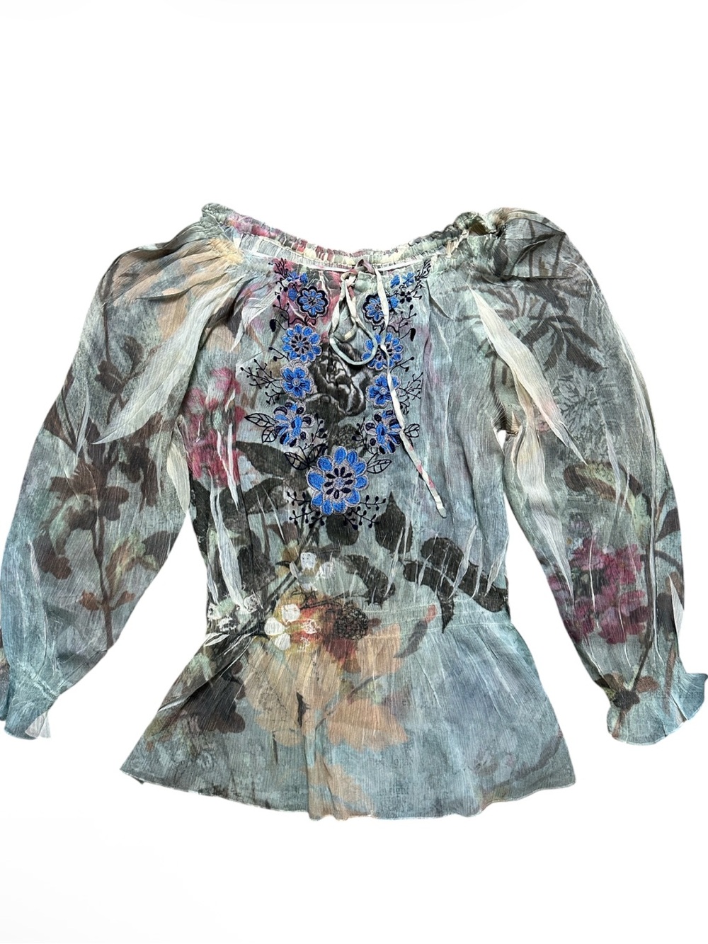 Mushka by Sienna Rose Sheer Floral Peasant Blouse with Blue